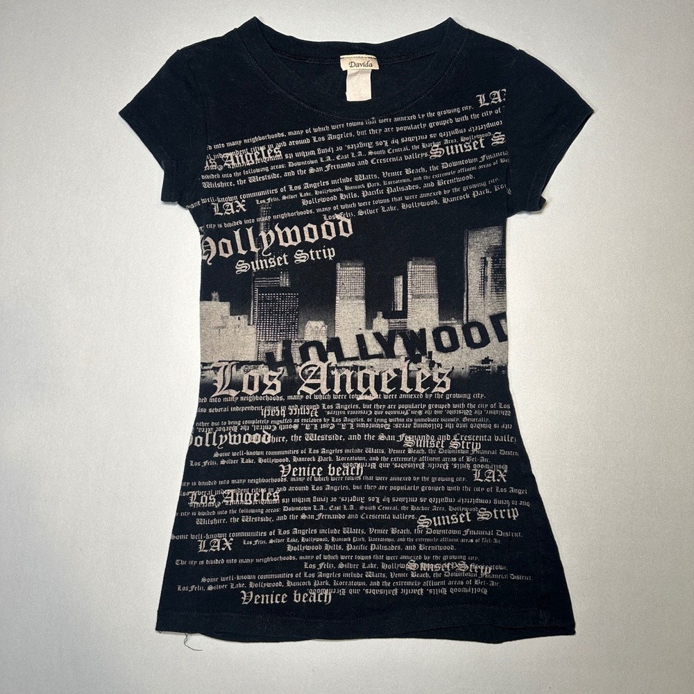 Davida Los Angeles Graphic Shirt Womens XS Slim Black Hollywood Sunset Strip Y2K